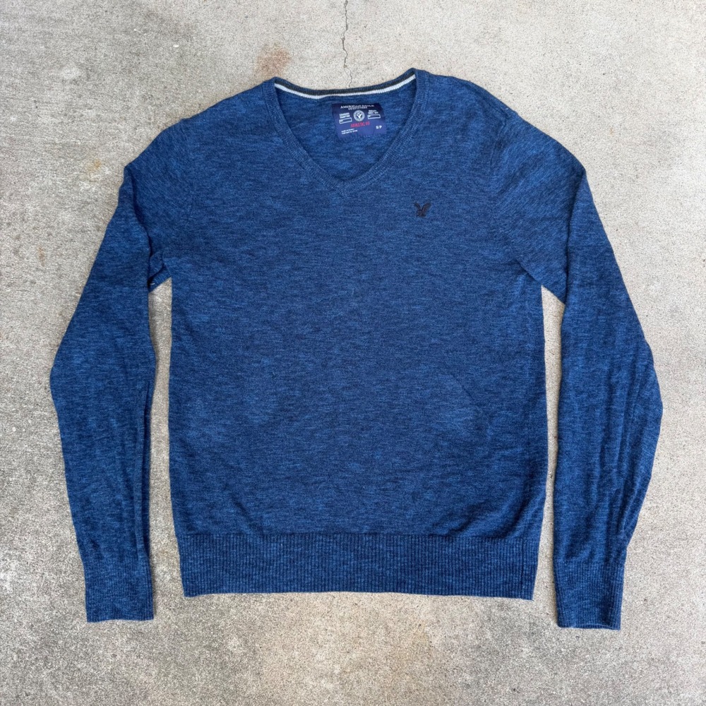 American Eagle Mens Blue Heathered V-Neck Cotton Sweater Athletic Fit Small